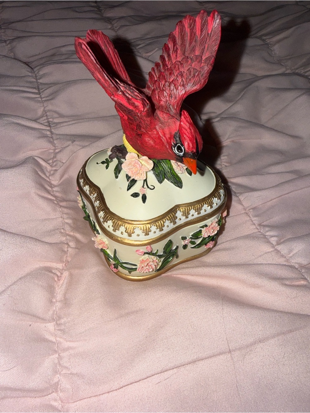 Heritage Red Cardinal Floral Trinket Box with Gold Trim